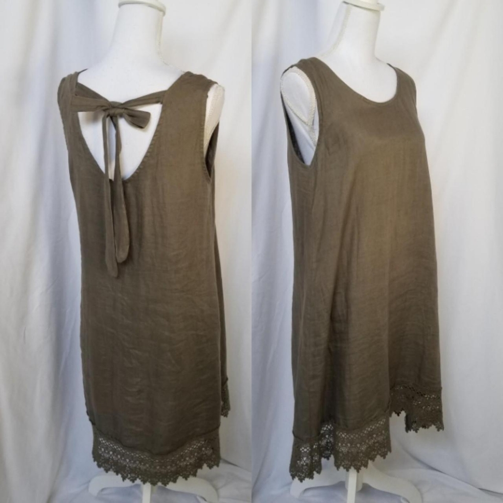 Rosemarine earthy olive green lagen-look linen shift dress with lace trim